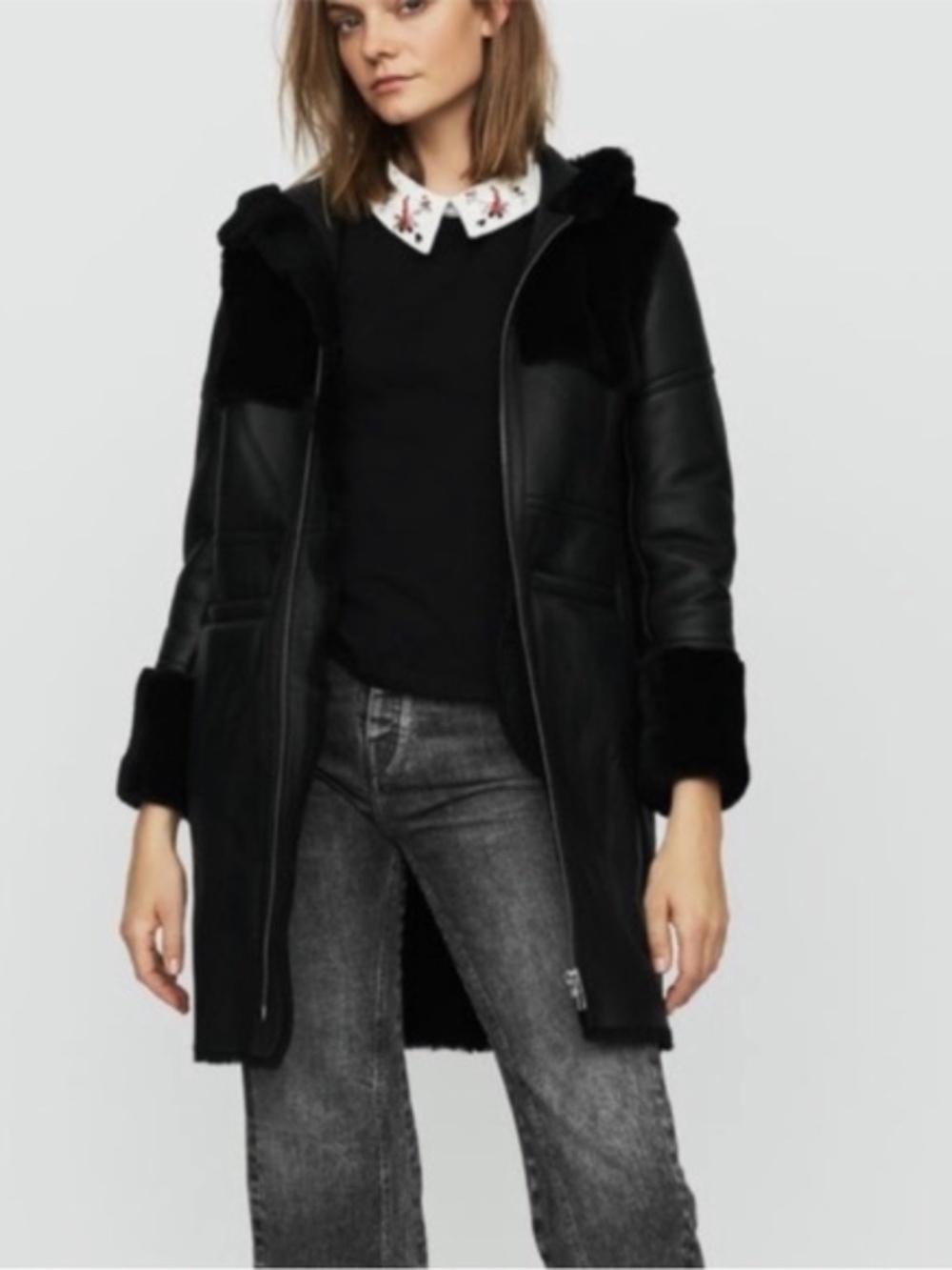 MAJE Paris Leather Shearling-Style Coat — Size 38 — $455
